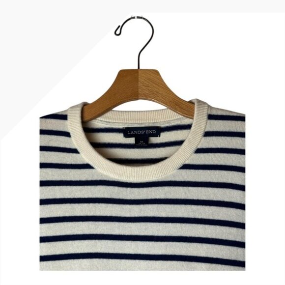 Lands End Sweater Men Medium Blue Ivory Stripe Cashmere Crew Neck Knit Preppy - Picture 3 of 7